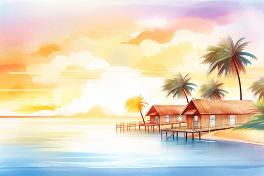 A sunrise-view of a beach resort with huts and coconut trees in watercolor style , cartoon drawing, water color style