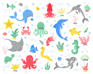Vector set of sea animals in cartoon style. Marine life. Dolphin, octopus, stingray, squid, jellyfish, fish, crab, seahorse, turtle. Vector illustration.