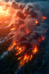 Fototapeta na wymiar Terrible forest fire from bird's-eye view, environmental disaster, high fire danger