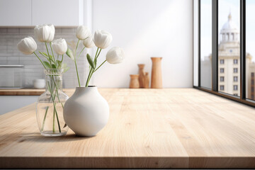 Empty wooden beautiful tabletop on the background of a modern kitchen and window. For mounting a product display or visual design layout.