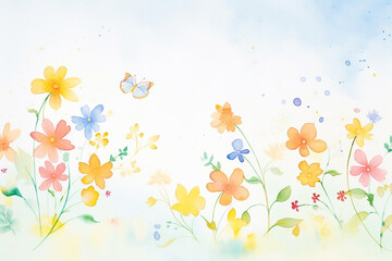 Fototapeta na wymiar A warm summer scene revealing colorful blossoming flowers , cartoon drawing, water color style