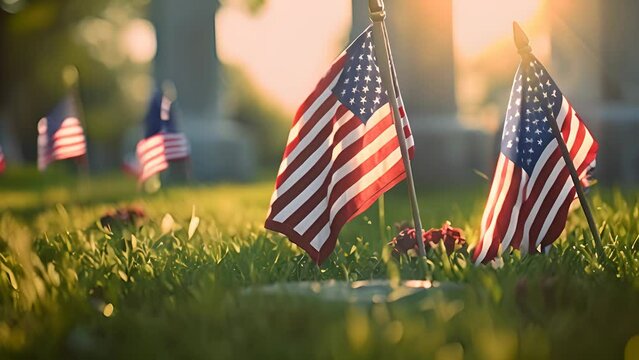 4K HD video clips The USA flag is placed in front of the grave of soldiers who died in the war on Memorial Day or Victory Day.