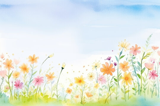 A warm summer scene revealing colorful blossoming flowers , cartoon drawing, water color style