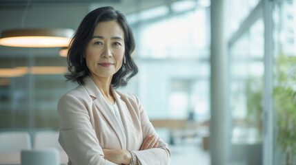 Fototapeta na wymiar Diverse and Confident Japanese Businesswoman in Bright Office - Exemplifying Leadership, Professionalism, and Experience in Corporate Environment