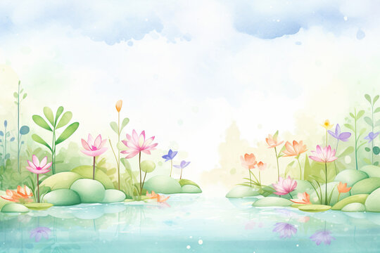 An art piece depicting a tranquil garden pond surrounded by lush blooms , cartoon drawing, water color style