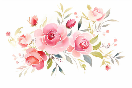 An elegant floral design featuring red and pink roses , cartoon drawing, water color style