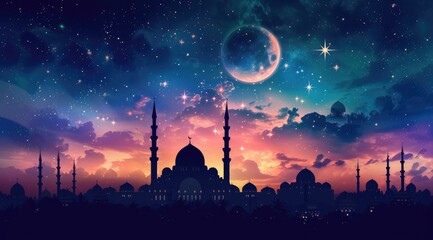 A beautiful silhouette of a mosque and Mesmerizing night view of a mosque under starry sky and bright moon. Perfect for Ramadan, Eid, or Islamic religious themed designs.