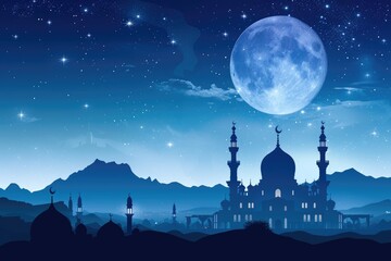 A beautiful silhouette of a mosque and Mesmerizing night view of a mosque under starry sky and bright moon. Perfect for Ramadan, Eid, or Islamic religious themed designs.