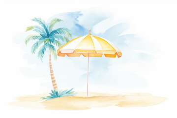 Fototapeta na wymiar Beach umbrella resting under a palm tree on a sunny day , cartoon drawing, water color style