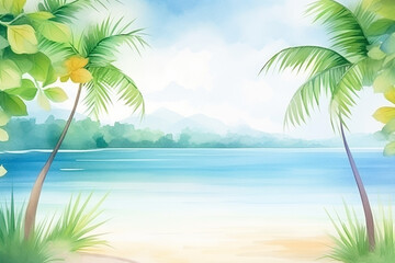 Fototapeta na wymiar Beautiful bay surrounded by palm trees, capturing the tranquility of tropical surroundings , cartoon drawing, water color style