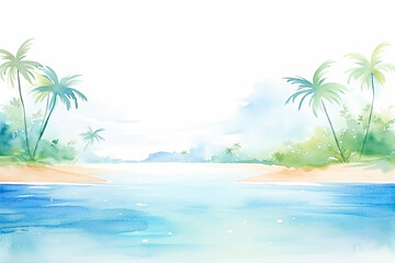 Beautiful bay surrounded by palm trees, capturing the tranquility of tropical surroundings , cartoon drawing, water color style