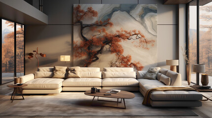 A modern living room adorned with abstract wall art, a statement rug, and a comfortable modular...