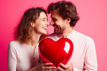 Fototapeta na wymiar Cheerful Young Couple with a Shiny Heart Symbolizing Love