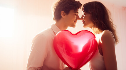 Enamored Pair Holding a Glossy Red Heart Balloon