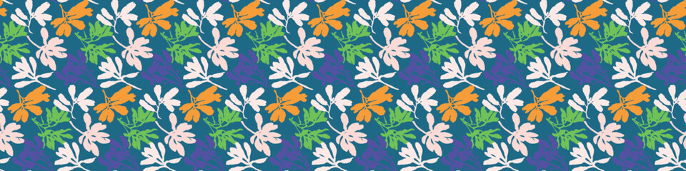 Fototapeta premium Trendy vector floral pattern with organic botanical shapes border. Modern bold summer flower print, ribbon design in scandi style.
