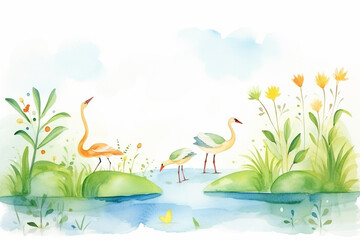 Fototapeta na wymiar Creative depiction of the wildlife residing in a lush swamp , cartoon drawing, water color style