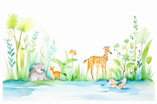Creative depiction of the wildlife residing in a lush swamp , cartoon drawing, water color style