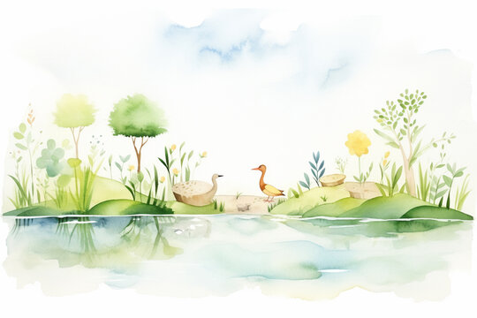 Creative depiction of the wildlife residing in a lush swamp , cartoon drawing, water color style