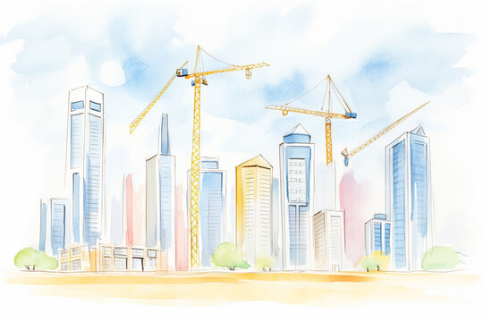 Downtown development A city under construction with towering skyscrapers , cartoon drawing, water color style