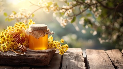 Empty rustic old wooden boards table with Few honey on desk.