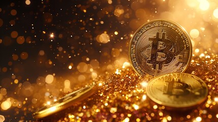 Golden Bitcoin on an abstract backdrop. Generative Ai.