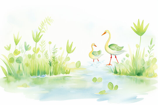 Green swamplands filled with playful wildlife , cartoon drawing, water color style