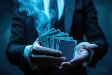 Magician Performing a Sleight of Hand with Aces among Blue Smoke.