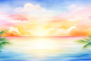 Horizon is filled with the glowing hues of a sunset over a Caribbean bay , cartoon drawing, water color style