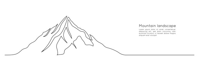 One continuous line drawing of mountain range landscape. Abstract web banner with hills and snow peaks in simple linear style. Winter ski sport concept editable stroke. Doodle vector illustration - obrazy, fototapety, plakaty