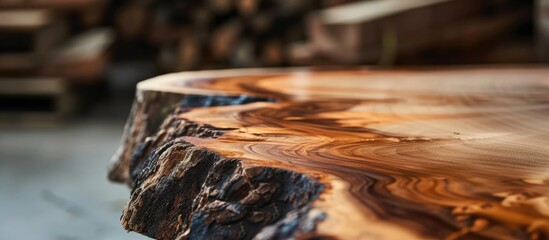 Manufacturing of live edge elm slab coffee table, focusing on woodworking production and furniture manufacture, captured in a close-up.