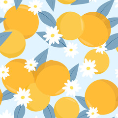 Fototapeta na wymiar Seamless pattern of juicy oranges and blue branches with leaves and flowers