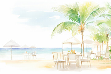 Idyllic vision of an outdoor seaside cafe tucked amidst palm trees , cartoon drawing, water color style