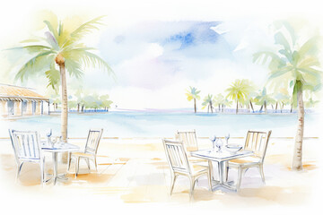 Idyllic vision of an outdoor seaside cafe tucked amidst palm trees , cartoon drawing, water color style