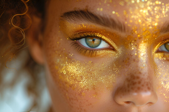 Close up face woman skin with yellow gold makeup