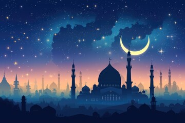 A beautiful silhouette of a mosque and Mesmerizing night view of a mosque under starry sky and bright moon. Perfect for Ramadan, Eid, or Islamic religious themed designs.