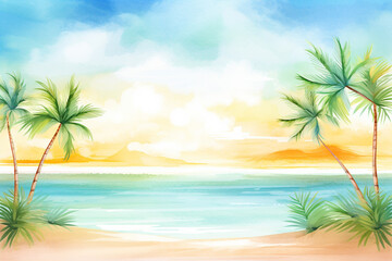 Fototapeta na wymiar Palm trees swaying gently by a calm turquoise coastline under a vibrant sun , cartoon drawing, water color style