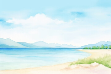 Fototapeta na wymiar Scenic panorama of a tranquil turquoise shoreline during daytime , cartoon drawing, water color style