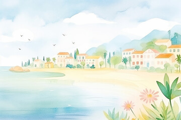 Romantic pastel-colored seaside scenery with a cozy resort hidden amidst nature , cartoon drawing, water color style