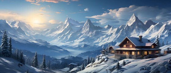 Panorama of winter alpine landscape with house at sunset in mountains - Powered by Adobe