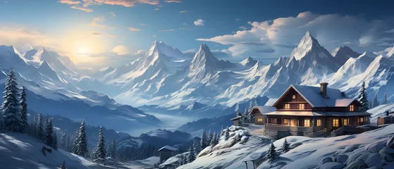 Foto op Canvas Panorama of winter alpine landscape with house at sunset in mountains © Michelle
