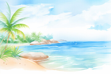 Serene turquoise waves lapping up against an exotic Caribbean shore , cartoon drawing, water color style