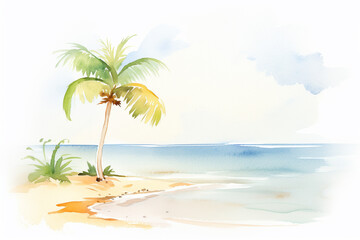 Fototapeta na wymiar Sunny scene by the shore with a lone palm tree , cartoon drawing, water color style