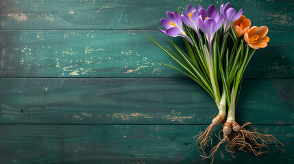 Crocus flowers on green background. Spring concept. 