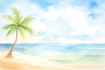 Fototapeta na wymiar Sunny scene by the shore with a lone palm tree , cartoon drawing, water color style