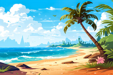 Fototapeta na wymiar illustration of a sandy beach shore with tropical palm trees and blue sky, generative AI