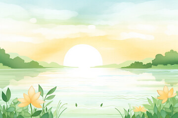 Fototapeta na wymiar The calming beauty of an emerald green lake at sunset , cartoon drawing, water color style