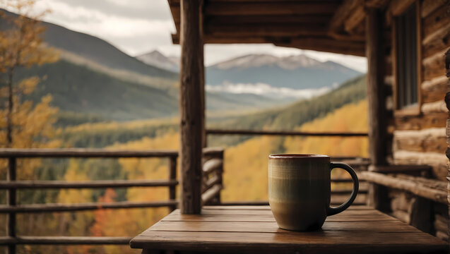 A weathered coffee mug placed on the porch railing of a rustic cabin, with a serene mountain backdrop.
