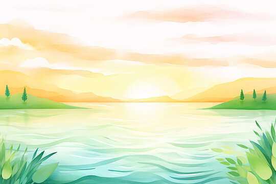 The calming beauty of an emerald green lake at sunset , cartoon drawing, water color style