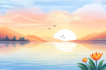 The vibrant colors of a summer sunset reflecting on the calm water of a lake , cartoon drawing, water color style