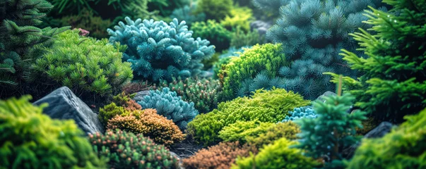 Fototapete Rund Beautiful coniferous garden with blue spruce, fir trees, pines and junipers. © LeManna